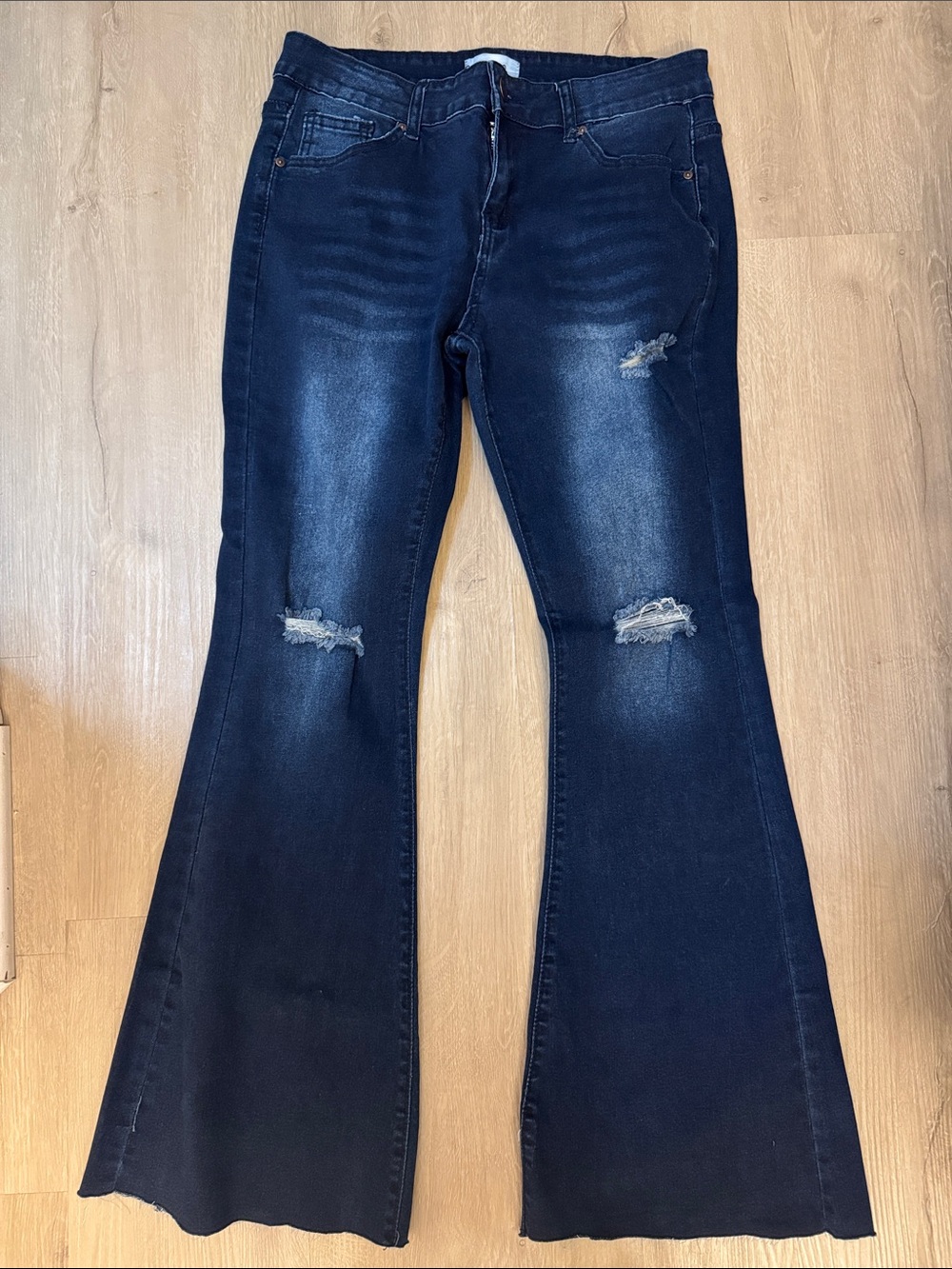 BAMBOO Dark Blue Distressed Flare Jeans - Wide Leg